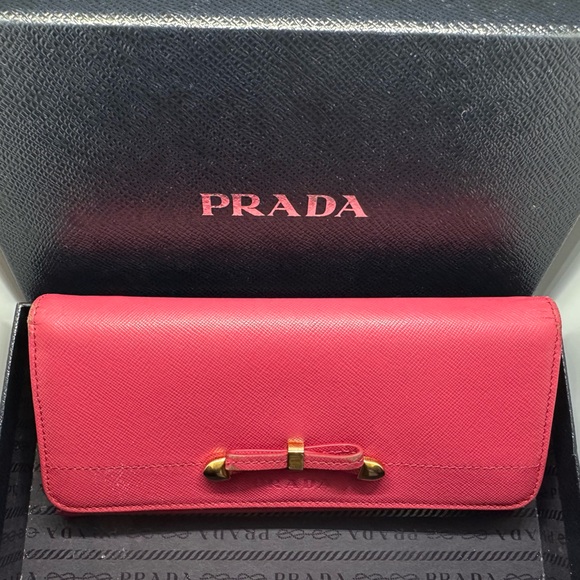 PRADA | Peonia Pink Long Ribbon Bow Saffiano Leather Long Wallet | Luxury Wallet - Picture 1 of 15